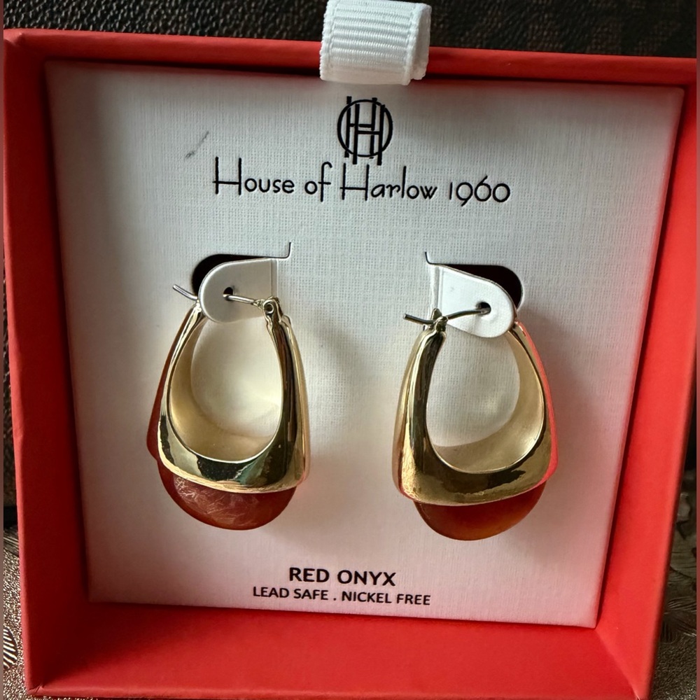 House of Harlow 1960 Gold Hoop Earrings with Red Onyx Drops